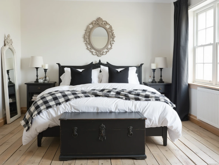 black and white farmhouse bedroom