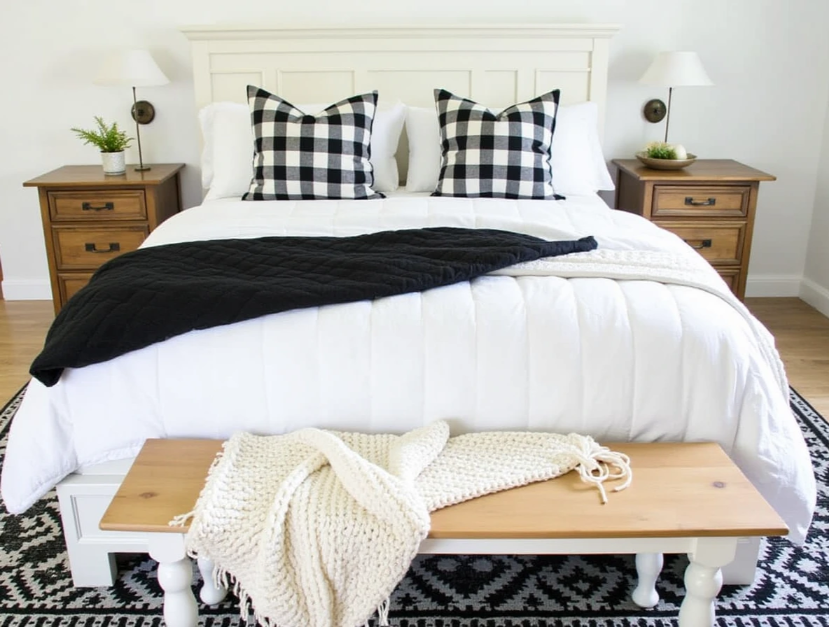 black and white farmhouse bedroom