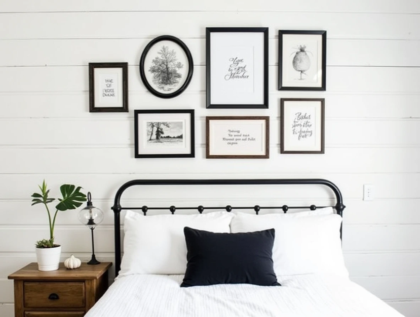 black and white farmhouse bedroom