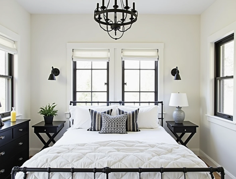 black and white farmhouse bedroom