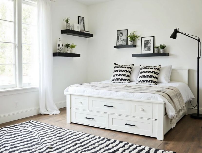 black and white farmhouse bedroom