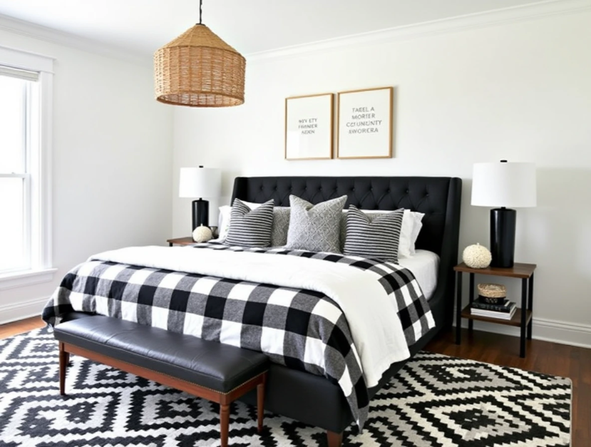 black and white farmhouse bedroom