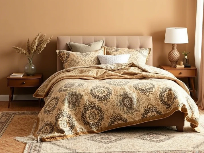 tan bedroom with a mix of patterns and textures