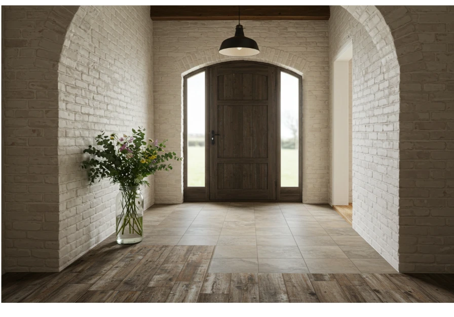 Farmhouse Entryway with a Mix of Modern and Rustic Elements