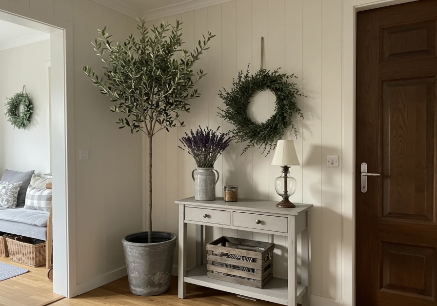 entryway styled with fresh and dried greenery