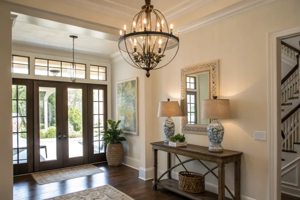 foyer with statement lighting