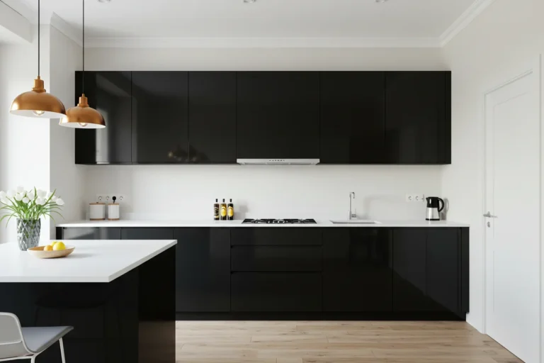A bright black and white kitchen showcasing mixed design styles