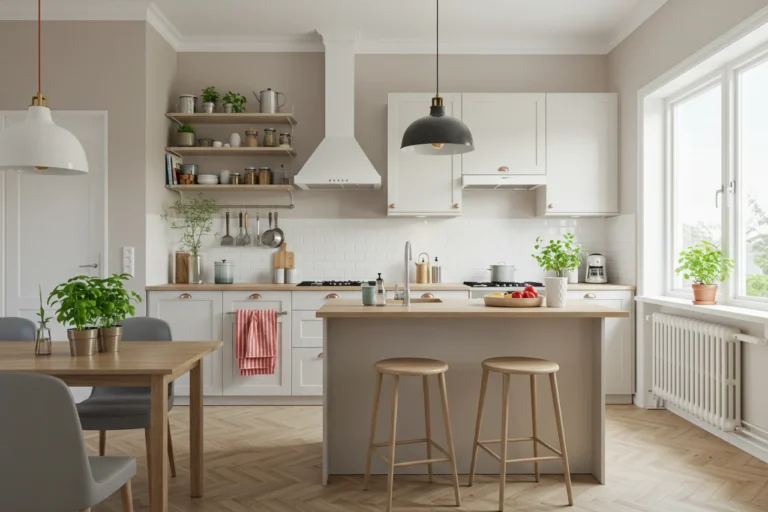 A modern small kitchen with stylish decor and open shelving