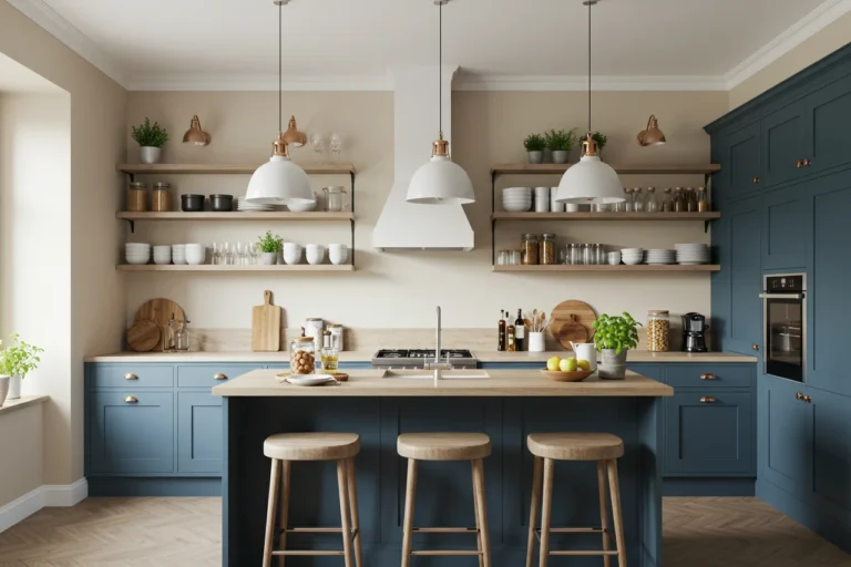 A warm modern kitchen featuring open shelving, an island, bold colors, smart storage, and natural accents