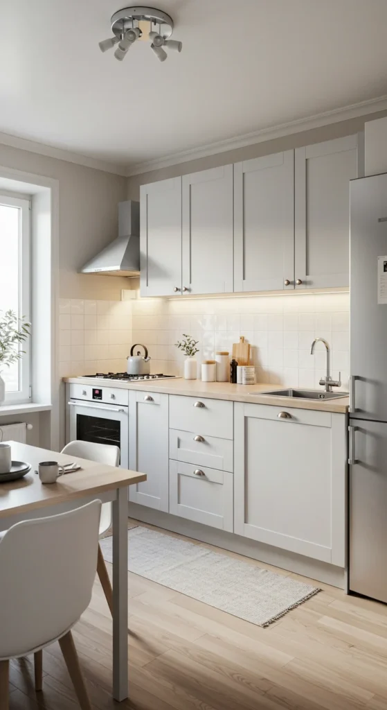 8 Warm Color Palettes for Apartment Kitchens Apartment kitchen with creamy white and soft gray tones