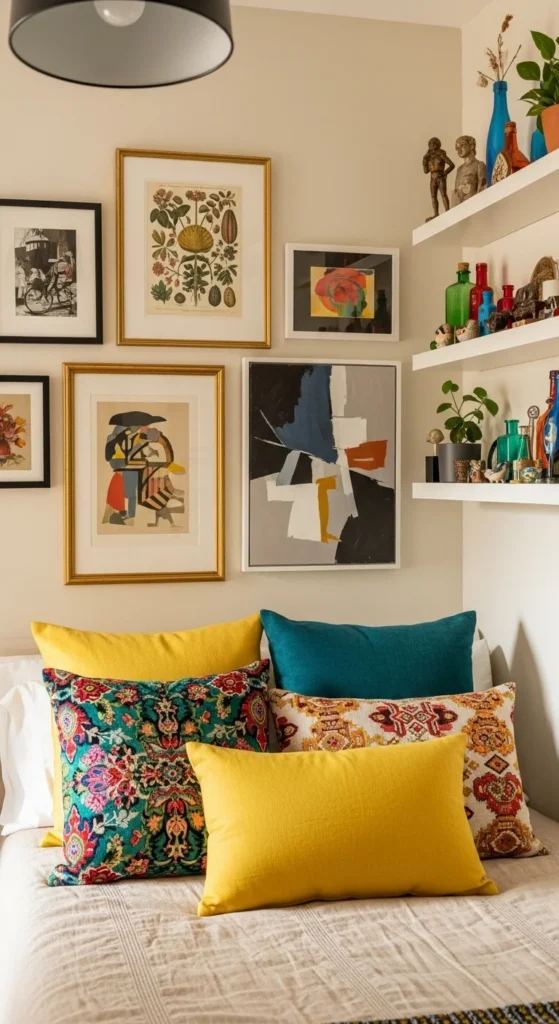 Art and accents add personal style to a small bedroom