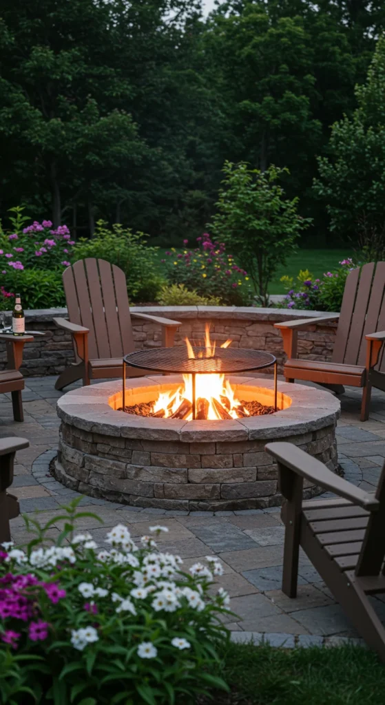 9 Inspiring Backyard Kitchen Ideas You'll Love Backyard fire pit with grill surrounded by chairs at dusk