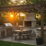 Backyard kitchen with stone grill station and cozy lighting at sunset