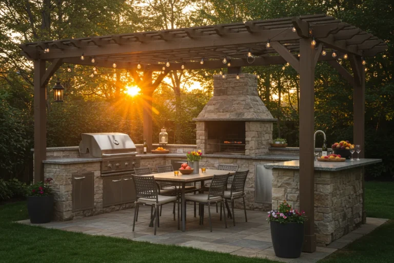 Backyard kitchen with stone grill station and cozy lighting at sunset