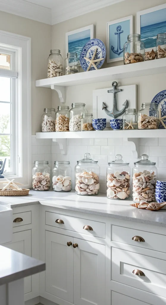 Beach-themed kitchen with nautical and shell decor