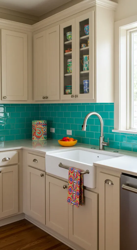 10 Beautiful Beige Kitchens That Inspire Warmth Beige kitchen with colorful turquoise backsplash