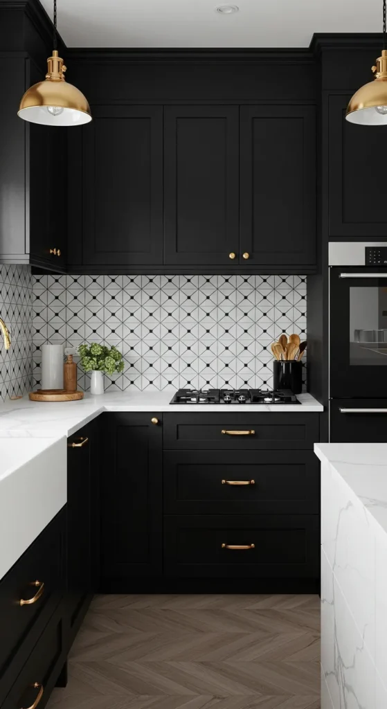 8 Stunning Black Kitchen Ideas That Ooze Chic Style Black and white kitchen with striking contrast and tiled walls