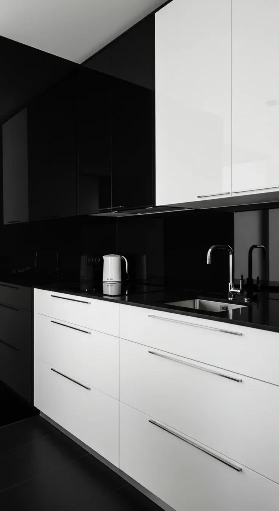 6 Minimalist Kitchen Sets for Small, Stylish Spaces Black and white minimalist kitchen with sleek lines