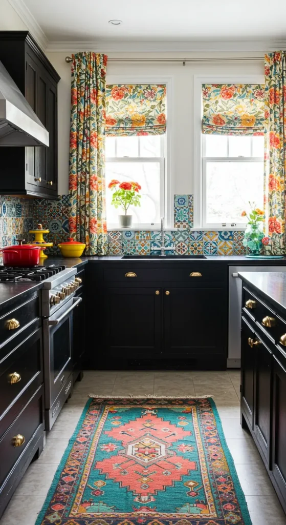 8 Stunning Black Kitchen Ideas That Ooze Chic Style Black kitchen with colorful accents and bold backsplash