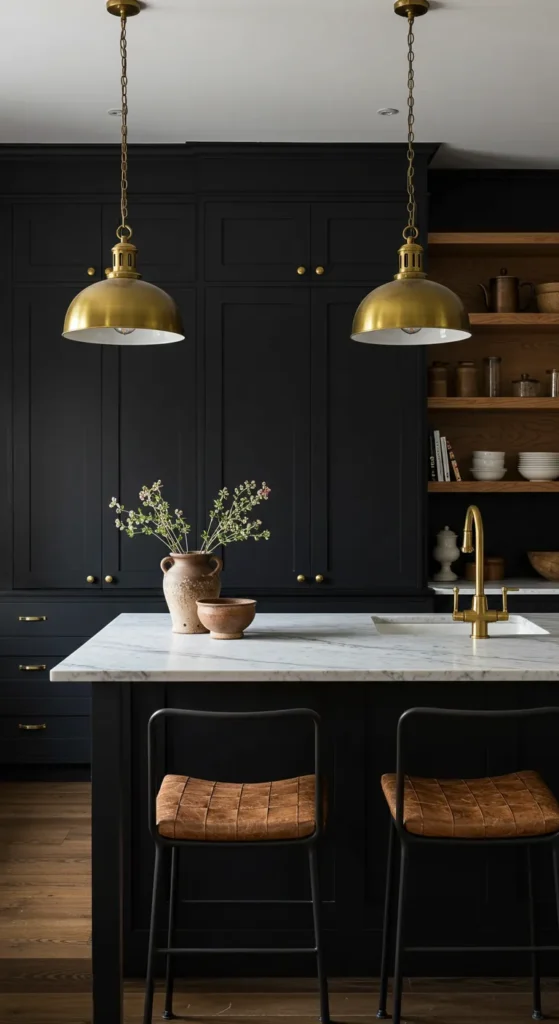 8 Stunning Black Kitchen Ideas That Ooze Chic Style Black kitchen with wood shelves and warm brass lighting
