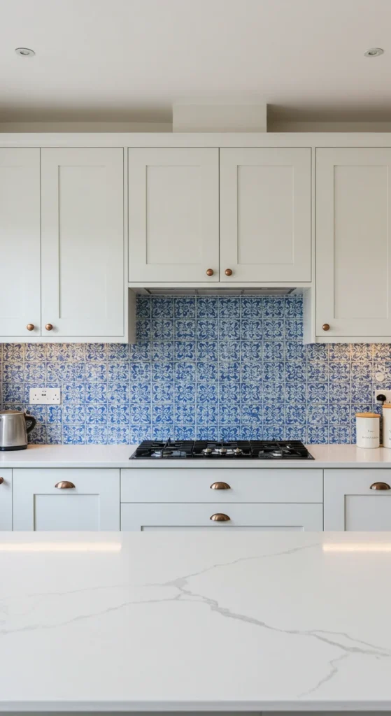 10 Stunning Bloxburg Kitchen Ideas to Inspire You Bloxburg kitchen with patterned blue and white backsplash
