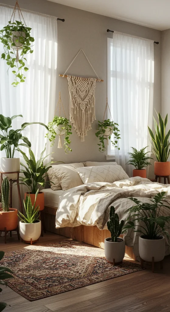 6 Boho Bedroom Decor Ideas to Transform Your Space Boho bedroom decorated with various indoor plants and natural light