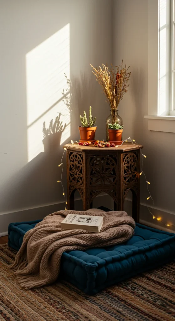 6 Boho Bedroom Decor Ideas to Transform Your Space Boho bedroom reading nook with floor cushion and soft lighting