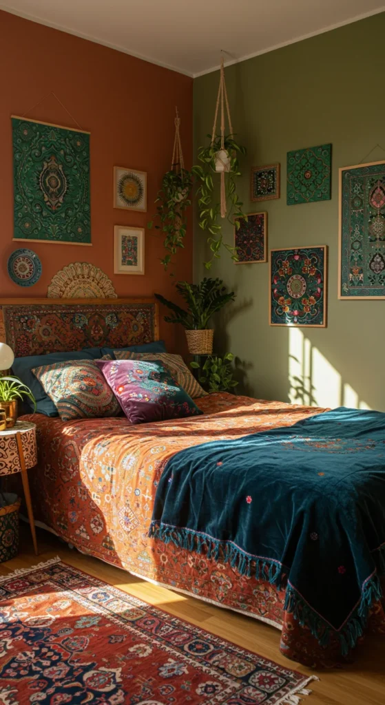 6 Boho Bedroom Decor Ideas to Transform Your Space Boho bedroom with earthy base tones and vibrant color pops