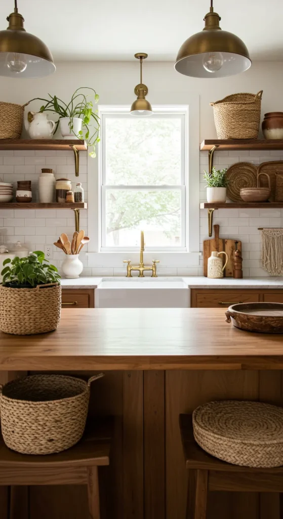 9 Beautiful Boho Kitchen Ideas You Need To Try Boho kitchen with layered textures wood, brass, and fabric