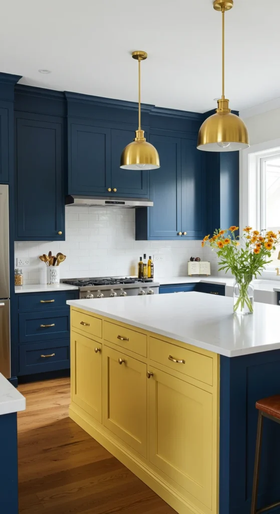 Bold kitchen with navy cabinets and yellow island