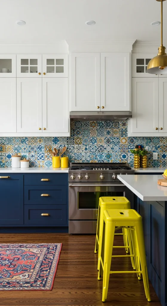 6 Simple Kitchen Design Ideas You'll Love at First Sight Bold navy kitchen cabinets with colorful backsplash and accents