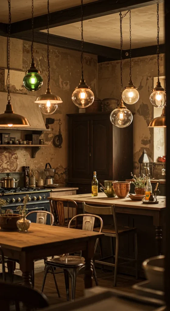 6 Vintage Kitchen Trends That Are Back in Style Brass pendant lights above a retro-style kitchen island