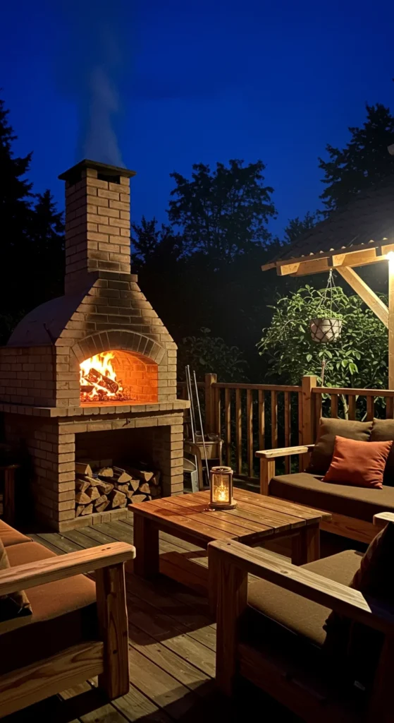 9 Inspiring Backyard Kitchen Ideas You'll Love Brick pizza oven with fire lit and nearby seating in backyard