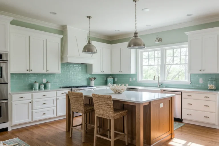 Bright coastal kitchen with seafoam accents and rattan stools