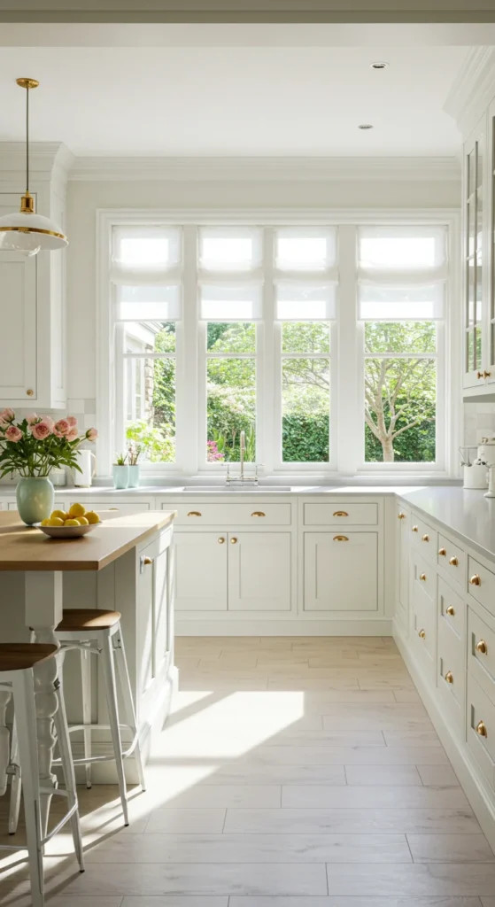 7 Kitchen Lighting Ideas for Style & Practical Use Bright kitchen with large windows and white reflective surfaces