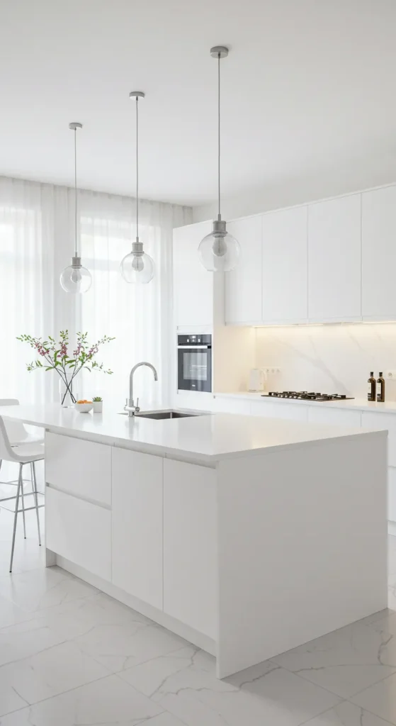 7 Elegant All White Kitchen Ideas to Refresh Your Space Bright kitchen with pendant and under-cabinet lighting