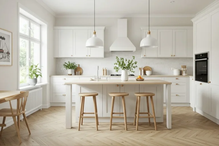 Bright minimalist Scandinavian kitchen with oak floors and white cabinets