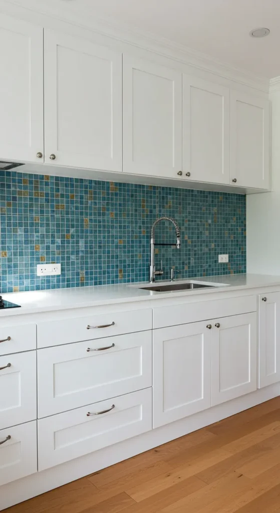 8 Stunning Kitchen Backsplash Ideas to Try Now Bright mosaic tile backsplash with blue and teal patterns