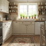Bright small cottage farmhouse kitchen with open shelves and soft light