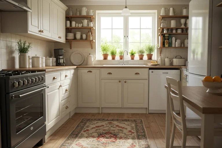 Bright small cottage farmhouse kitchen with open shelves and soft light