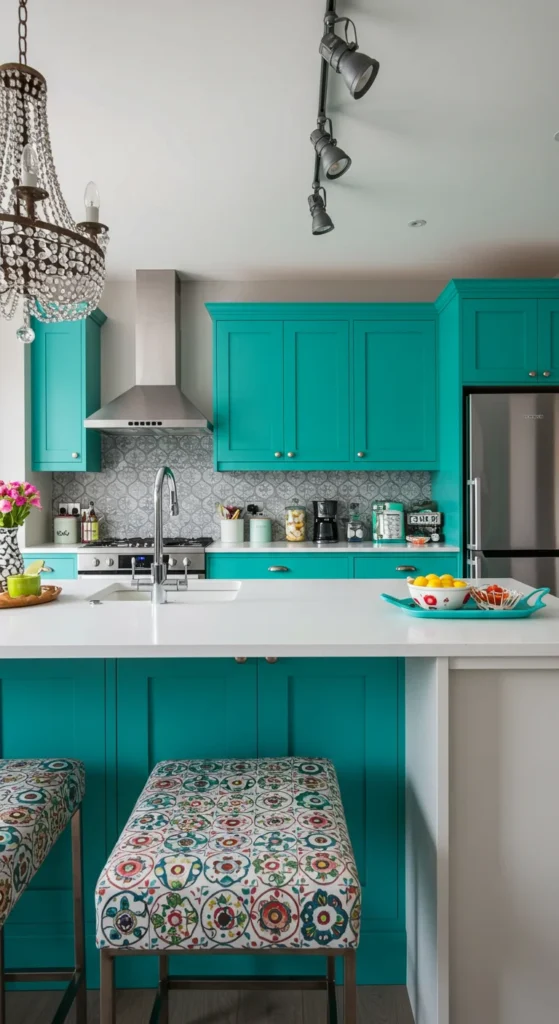 7 Blue Kitchen Ideas to Inspire a Cabinet Refresh Bright turquoise cabinets in a cheerful kitchen with colorful stools