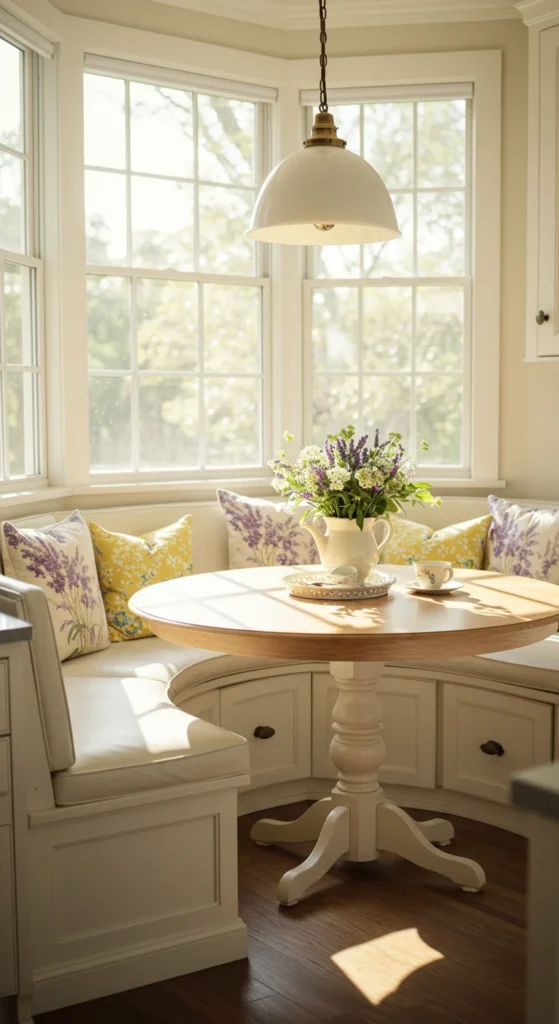 8 Small Cottage Kitchen Ideas to Love Built-in banquette and round table in a cozy cottage nook