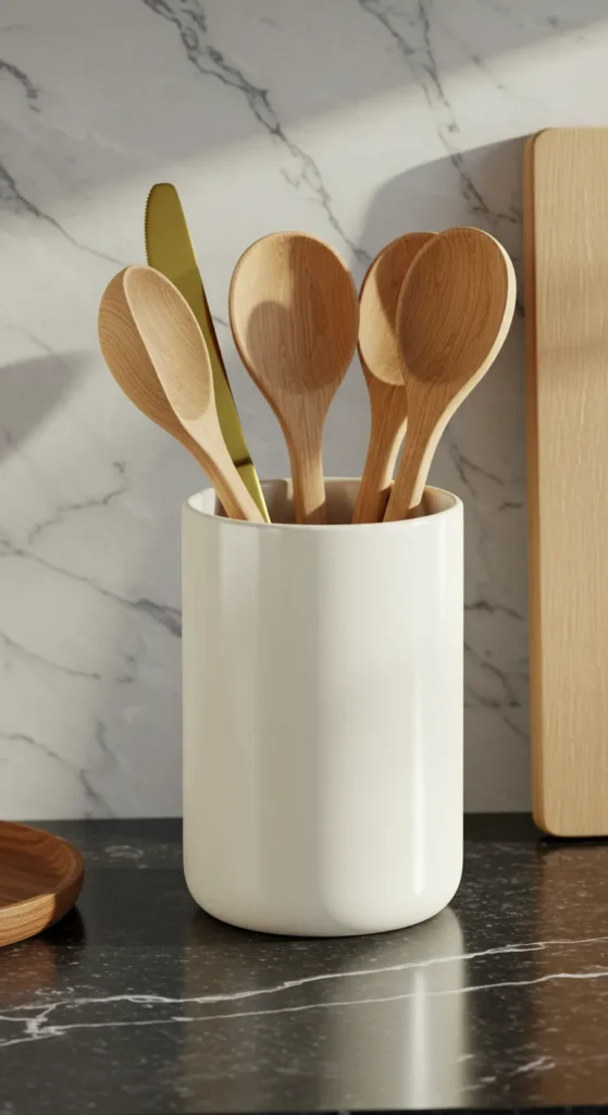 9 Kitchen Counter Decor Ideas That Blend Style & Function Ceramic utensil holder with gold and wood cutlery
