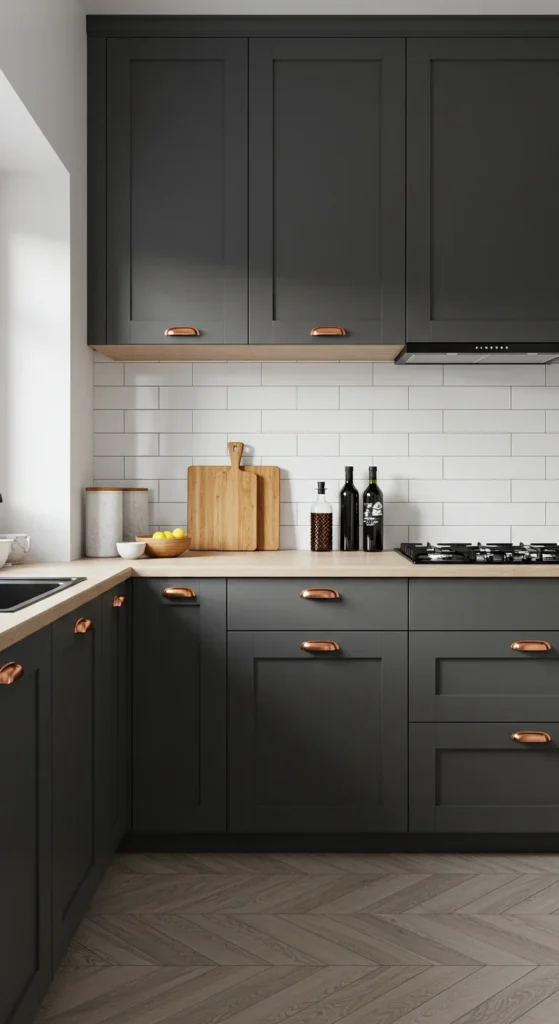 8 Warm Color Palettes for Apartment Kitchens Charcoal and white modern kitchen with wood accents