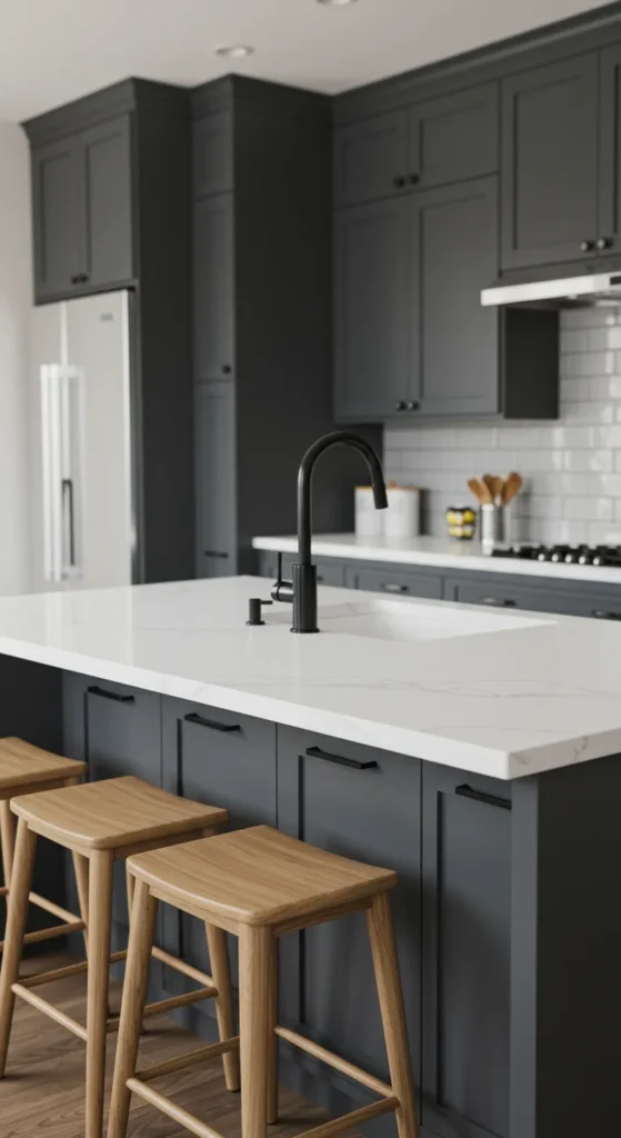 6 Trending Kitchen Cabinet Color ideas for Modern Homes Charcoal gray kitchen cabinets with white countertops