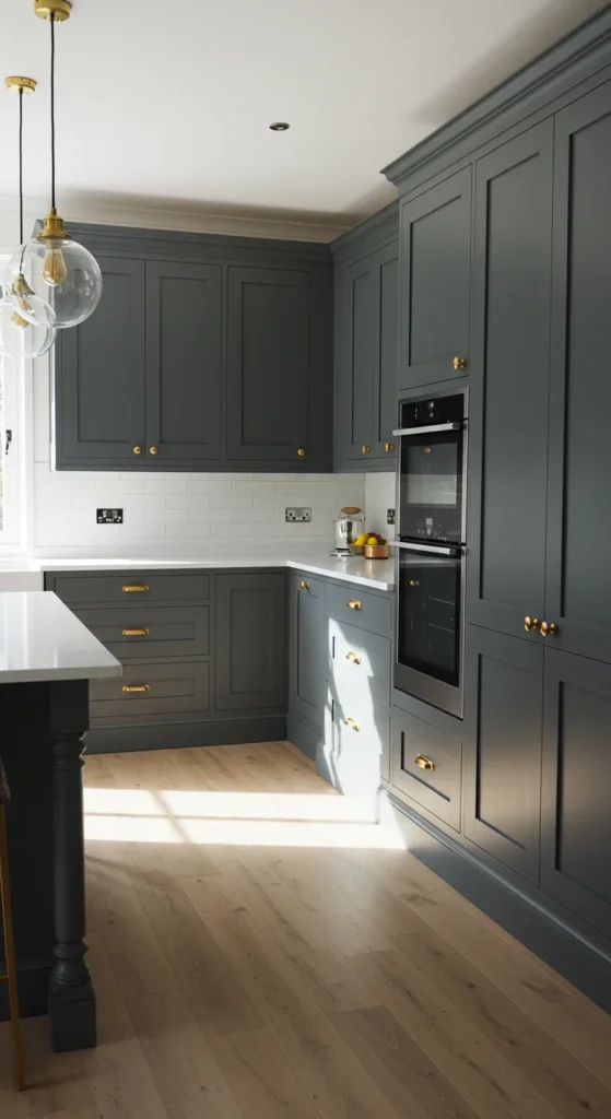 7 Beautiful Grey Kitchen Cabinet Paint Colors Charcoal grey cabinets with brass accents in a modern kitchen
