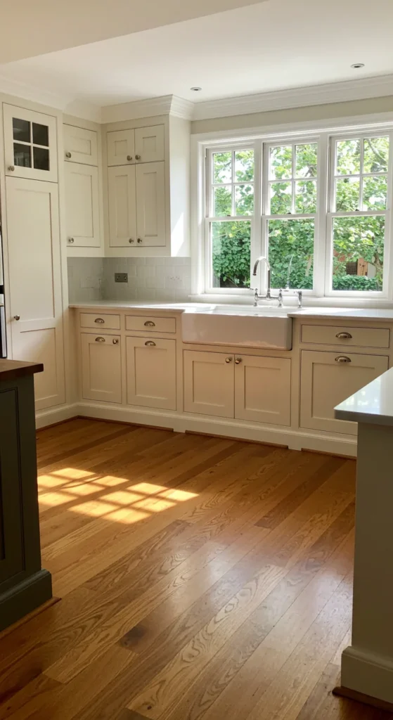 7 Classic Kitchen Flooring Ideas That Never Go Out of Style Classic kitchen with polished oak hardwood flooring and white cabinets