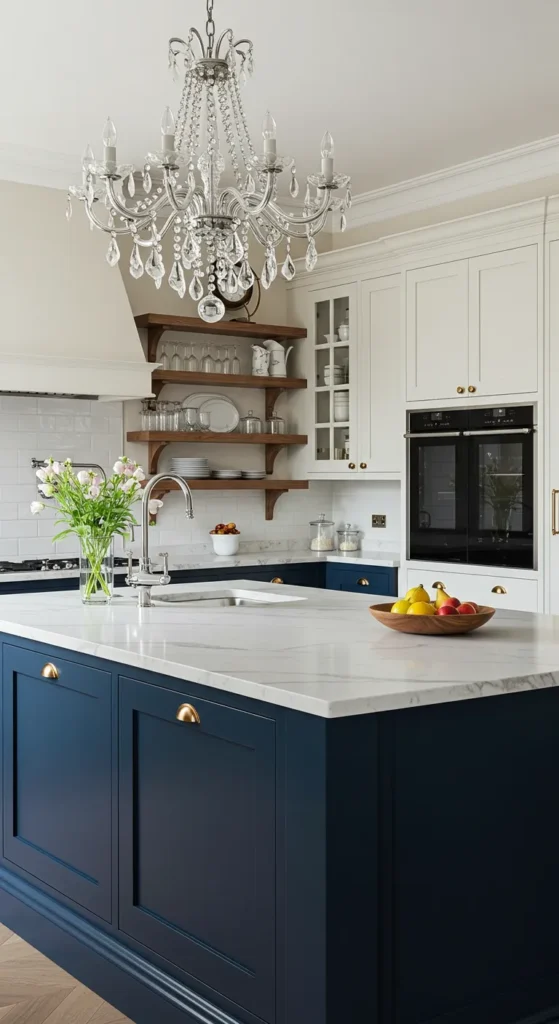 6 Luxury Kitchen Ideas to Elevate Your Dream Space Classic-meets-modern luxury kitchen with navy accents and open shelving