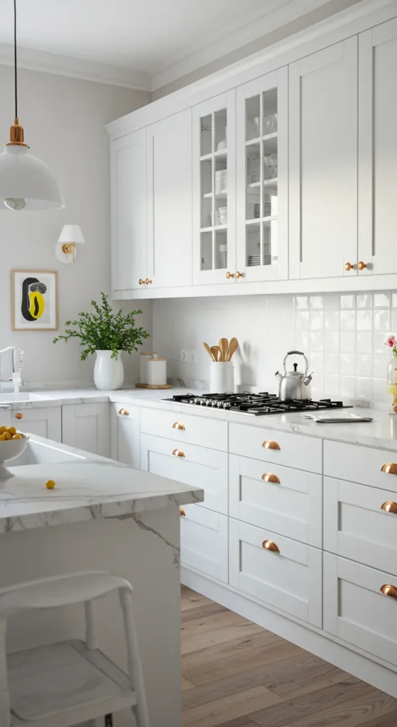 Classic white kitchen with marble counters and plants