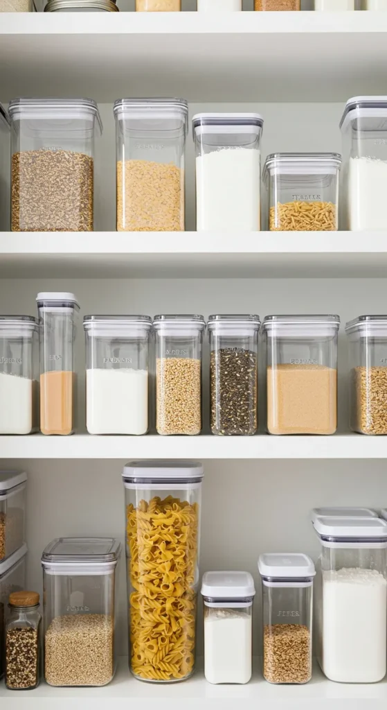 8 Minimalist Kitchen Organization Ideas For A Chic Space Clear glass jars labeled in a minimalist pantry shelf